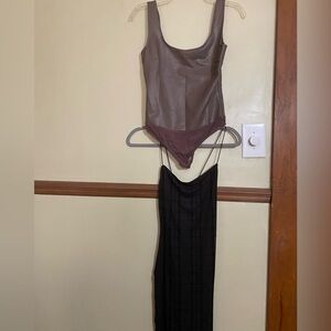 H&M Black Textured Dress/faux leather brown bodysuit size small Forever 21